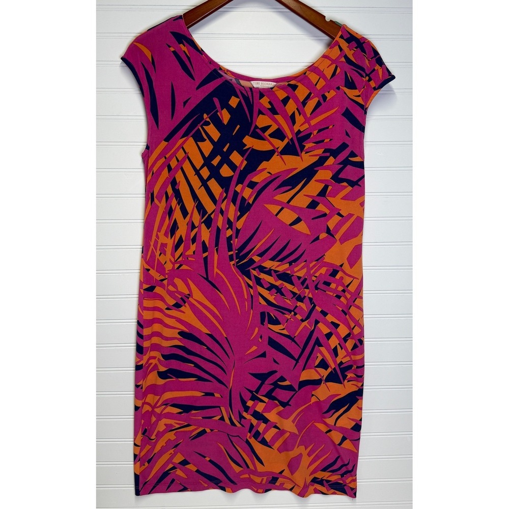 Tori Richard Women's Pink Orange Tropical Palm Print Tunic Shift Dress Sz M